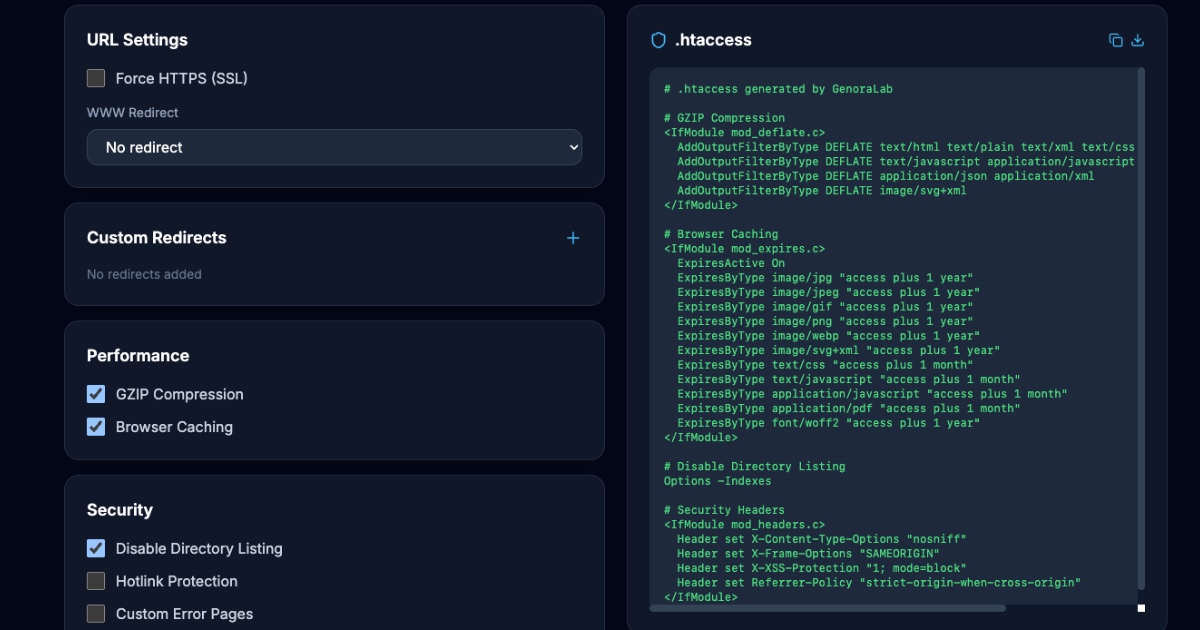 .htaccess Generator - Apache Config | GenoraLab